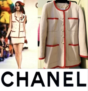Chanel Vintage 1991 Barbie Tan Red Tweed Jacket Skirt 2pc Set 34 36 2 4 Logo S M - Picture 1 of 24