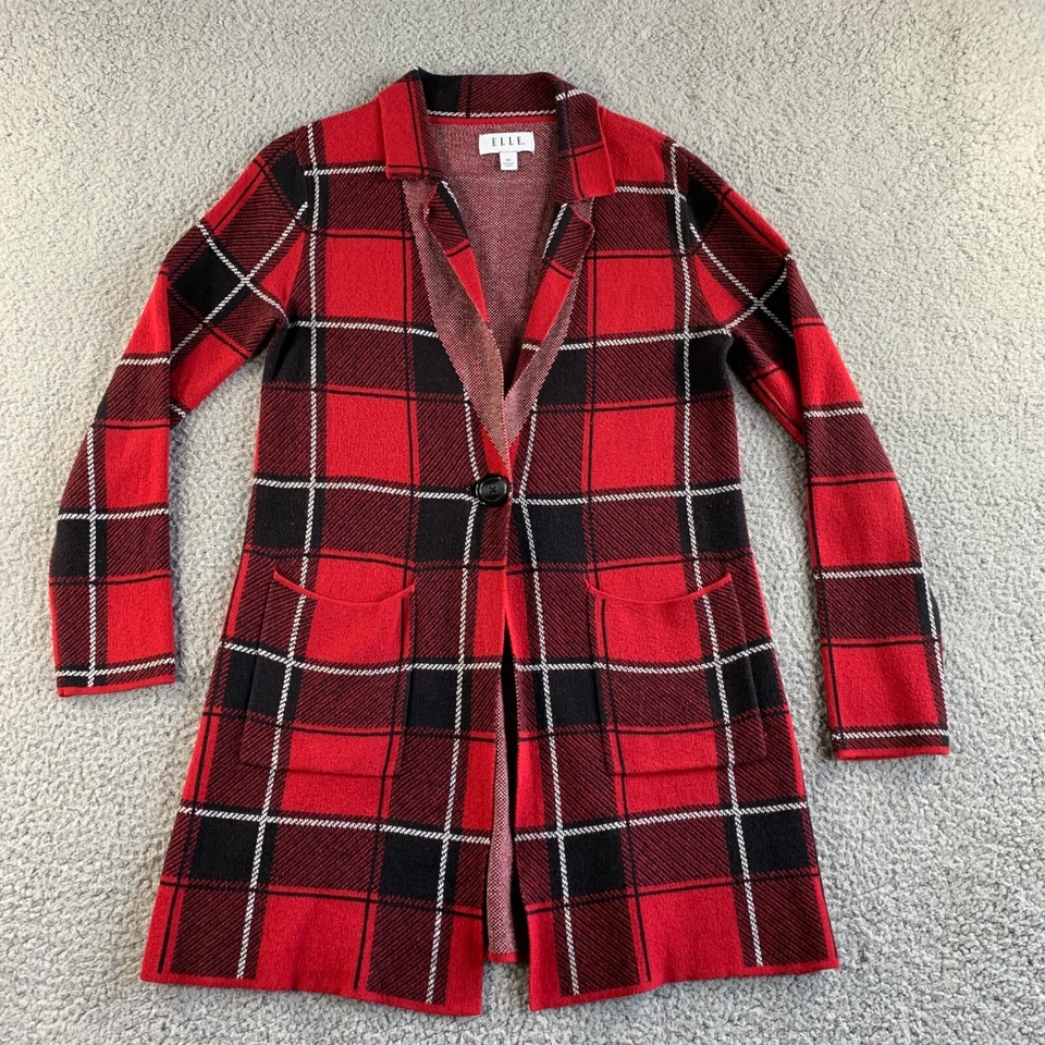 Elle Cardigan Suéter Mujer XS Rojo Negro Tartán Cuadros Plumero Blazer Un Botón Foto 1 de 4