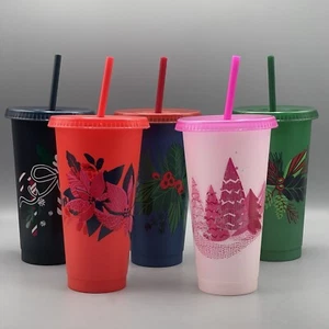 Starbucks Christmas Reusable Cold Cups 5 Pack Holiday 24oz Straws Lids NIB - Bild 1 von 10