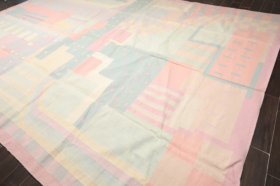 Alfombra oriental Dhurry reversible de lana talla palacio tejida a mano 11x16 rosa Foto 1 de 4