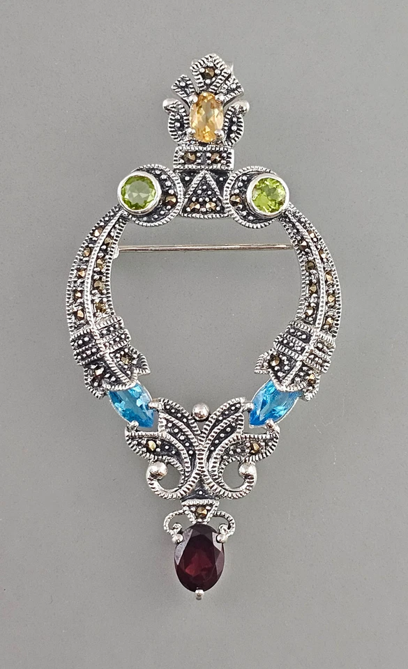 9923553 Rimorchio Spilla 925er Argento Granato Citrino Peridoto Topazio Blu - Immagine 1 di 2