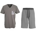 TOM TAILOR Pyjama Herren V-Ausschnitt Schlafanzug Sleepwear kurz grau gestreift