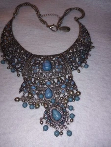 Vintage Natasha Silver tone Cleopatra Collar Necklace Tourquoise Blue Stones 12" - Picture 1 of 4
