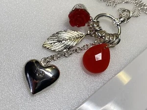 Avon Pendant Necklace Silver Metal Heart Red Rose Leaf And Crystal Plastic - Picture 1 of 9