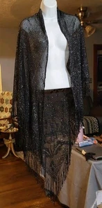 Sexy chal con flecos de encaje Heritage vintage años 70 flores negro boho - Imagen 1 de 8