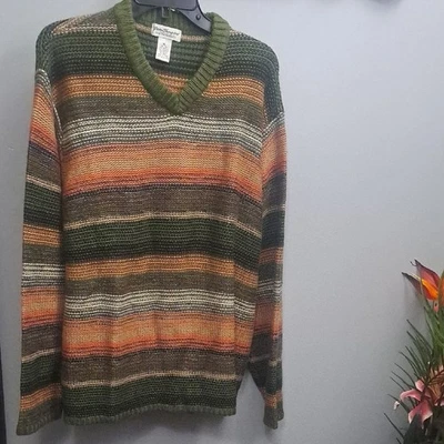 Norm Thompson Sonoran Stripe Silk Alpaca Cashmere Rayon Blend XL V-Neck Sweater - Image 1 of 4