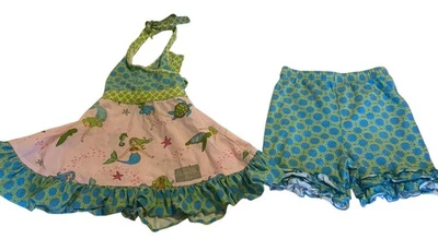 Eleanor Rose Mermaid Dress 2 Piece Ruffle Shorts Girls Size 7-8 Green Blue Pink - Image 1 of 4