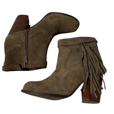 Sbicca Women's Ankle Boots Size 6 Olive Brown Suede Fringe Block Heel - Image 1 of 4