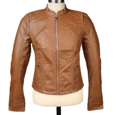 Jaqueta de motocicleta Vero Moda marrom couro sintético contornado tamanho M nova sem etiquetas - Imagem 1 de 4