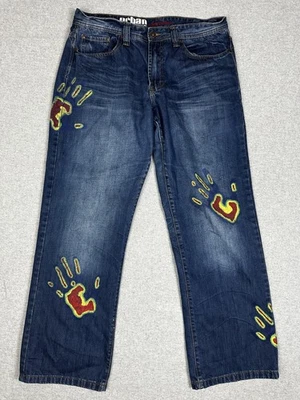 Pantalones de mezclilla sueltos Y2K para hombre 36x34 azules sueltos rectos estampados a mano urbanos Foto 1 de 4