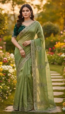SARI INDIAN PAKISTANI WEDDING SAREE BLOUSE NEW DESIGNER BOLLYWOOD PARTY WEAR - Image 1 of 4