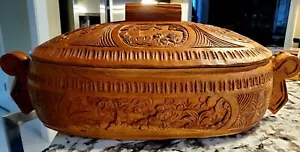 SCATOLA ORIENTALE UNICA E BELLISSIMA VINTAGE IN LEGNO INTAGLIATO ORNATO CON COPERCHIO E MANICO - Foto 1 di 12