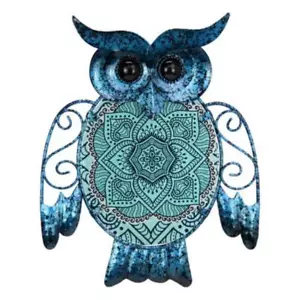 25 CM BLUE GLASS OWL METAL WALL ART MANDALA DESIGN PATTERN HANGING GARDEN DECOR - Picture 1 of 2