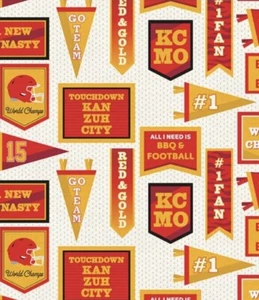 Kansas City Chiefs, NFL, Pennant Flags Fabric! Cott•1yd x 44" BTY•Cust Fav!FAST - Picture 1 of 3