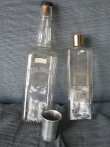 Vintage usa 1955 EZRA BROOKS + Bourbon 2 glass bottles TRAV-L-BAR Wear-Ever - Picture 1 of 19
