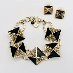 Vera Wang Black Gold Crystal Statement Bracelet & Matching Post Earrings Set - Picture 1 of 7