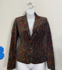 Vintage 90s Ralph Lauren Paisley Printed Velvet Damask Blazer Jacket Sz PETITE - Picture 1 of 10