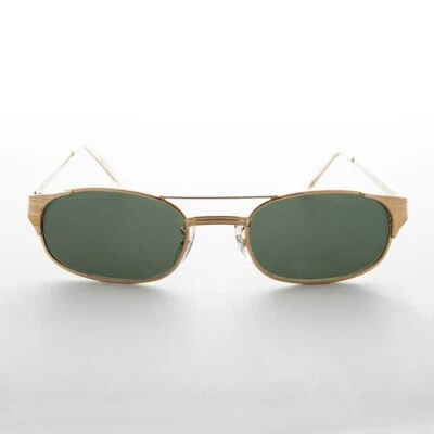 Gold Vintage Sunglass Narrow Rectangular Aviator Frame with Glass Lens -Poncho - Image 1 of 3
