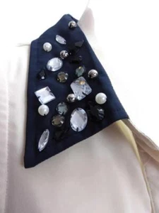 Sugar Lips Blouse Medium Beige Navy Blue Collar Embellished Sleeveless - Picture 1 of 4