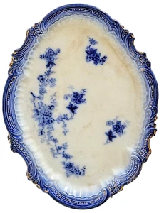 1897 LaBelle China Serving Platter Flow Blue Gold Trim Stained 13x10" scalloped - Picture 1 of 4