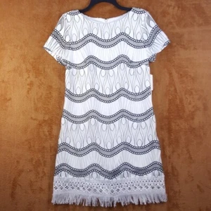 NICOLE MILLER Dress Womens Size 6 White Embroidered Shift Fringe Crochet Flapper - Picture 1 of 8