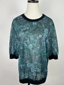 Vintage 80s 90s Sheer Floral Blouse XL / 2X Forest Green Tropical Hawaiian Boho - Picture 1 of 14