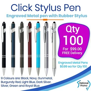 100 x Custom Corporate Personalised Click Stylus Metal Pen with Rubber Stylus - Picture 1 of 3