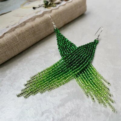 Pendientes colgantes verdes largos con flecos araña hechos a mano abalorios boho  Foto 1 de 4