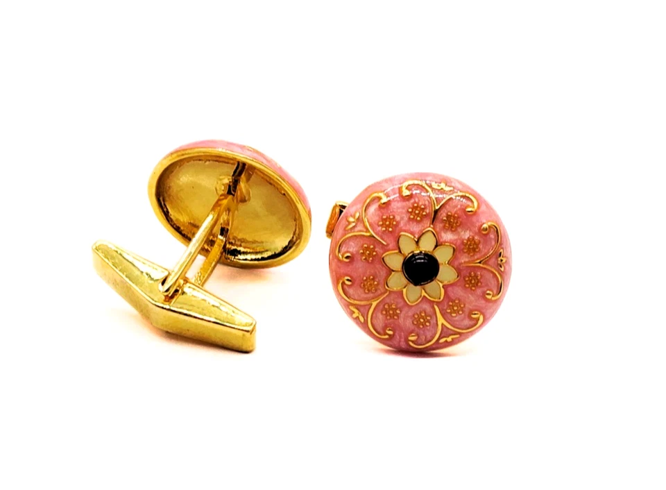 Pink Enamel Stone Cufflinks | Round Sterling Silver Cufflink for Men Luxury Gift Foto 1 de 1