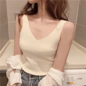 V-neck Knitted Ice Silk Sleeveless Top Thin Vest Knit Sweater Women Sexy Slim - Picture 1 of 13