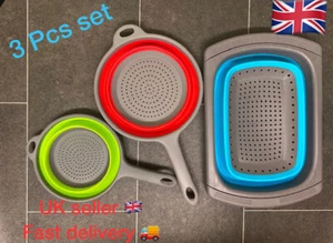 3 pcs Silicon Collapsible Washing Basket colander With Handle Drain Fold-able UK - Picture 1 of 35