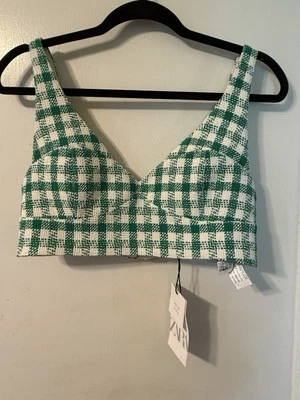 ZARA Green Plaid Tweed Bustier Bra Top Crop NEW Size M - Image 1 of 4