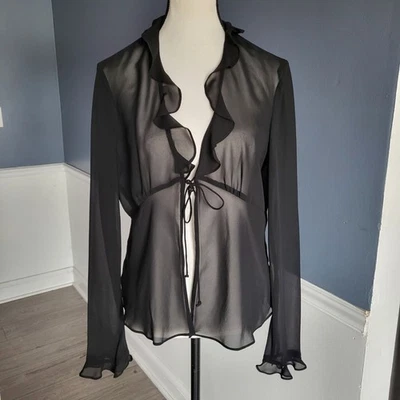 Blusa Evan Picone elegante preta transparente babado frente amarrada caprichoso tamanho 12 - Imagem 1 de 4