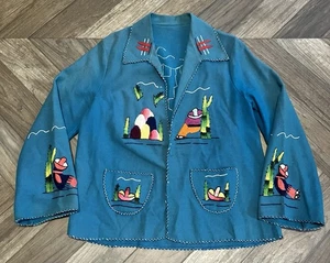 Vintage 40s Souviner Jacket Mexican Lopez Embroidered Turquoise Wool Small Faded - Picture 1 of 12