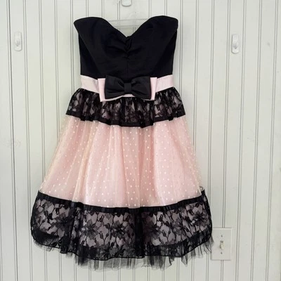 Jessica McClintock Gunne Sax Strapless Dress Sz 3 Black Pink Lace Tulle Dot Bow - Image 1 of 4