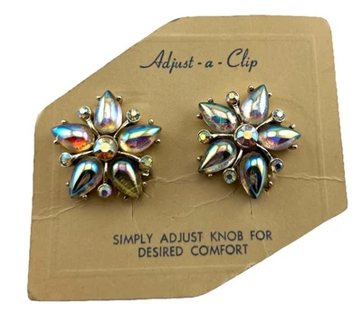 Vtg SIGNED STAR IRREDESCENT AB RHINESTONE Art Glass SCREW Clip ON EARRINGS Card - Image 1 of 4