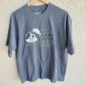 Vintage Big Dogs T-Shirt Herren XL grau Humor Can Your Boobs Stop Starring At Me? - Bild 1 von 5