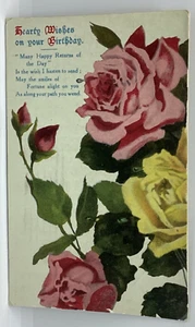 Postcard Happy Birthday Flowers Roses Posted 1920 Doncaster UK H24 - Picture 1 of 2