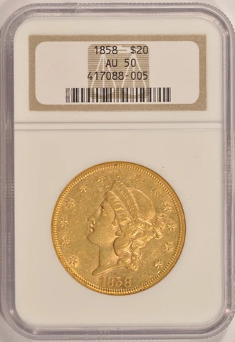 1858 $20 Liberty Gold Double Eagle Coin NGC AU50 Type 1 Pre-1933 Gold Cover