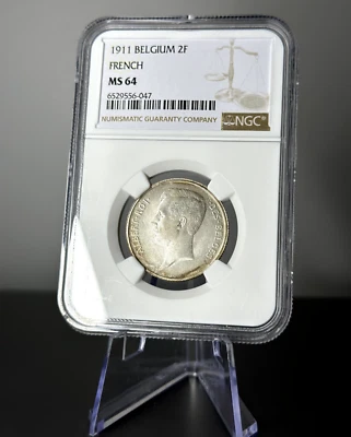Moneda de plata Bélgica 1911 2 francos texto francés NGC MS64 - moneda rara Foto 1 de 2