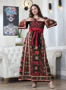 Palestinian Women Embroidered Thobe Tatreez Wide Sleeves and Satin Details - Picture 1 of 9