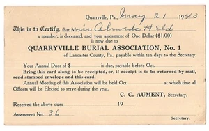 Cartolina Associazione QUARRYVILLE PA SEPOLTURA AVVISO DI MORTE Ferree Kirk 1943 - Foto 1 di 2
