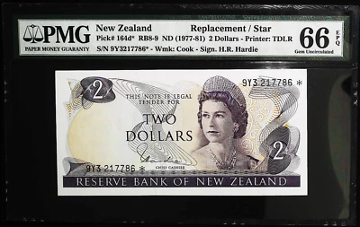 [STAR NOTE] NEW ZEALAND 2 DOLLARS 1977 P164* PMG 66 GEM UNC EPQ REPLACEMENT QEII - Image 1 of 2