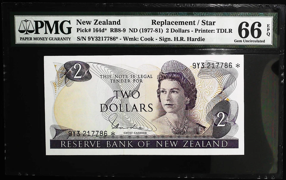[STAR NOTE] NEW ZEALAND 2 DOLLARS 1977 P164* PMG 66 GEM UNC EPQ REPLACEMENT QEII - Image 1 of 2
