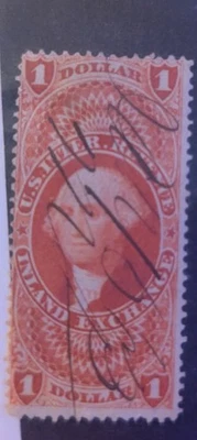 “1871 $1 Inland Exchange Revenue Stamp R69 — Orange Red — George Washington —... - Image 1 of 4