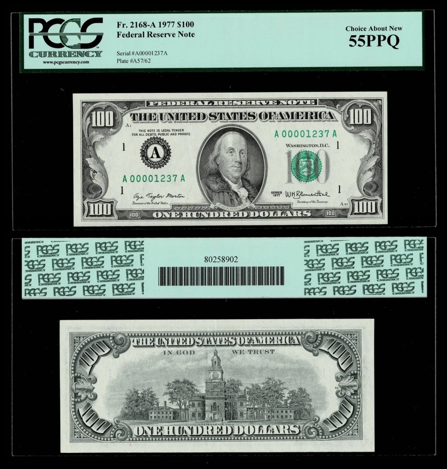 Fr. 2168-A 1977 $100 FRN Boston  PCGS 58 PPQ LOW Serial : A 00001237 A - Image 1 of 1