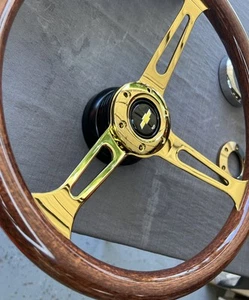 Chevy Steering Wheel & Hub Adapter Wood Grain Grip Gold Spoke 15 In - Picture 1 of 9