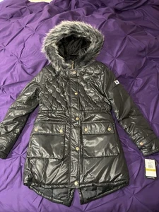 London Fog - Girls Quilted Puffer Parka Large (14-16) - Faux Fur Hood Warm Coat - Picture 1 of 10