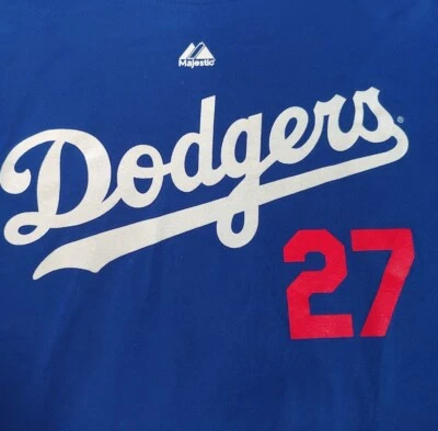 Majestic LA Dodgers #27 Matt Kemp T 恤 100% 棉蓝色青少年 XL 码 — 第 1/4 张图片