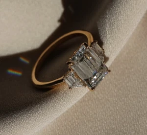 Emerald Cut Moissanite Engagement, Promise 18K Yellow Gold Bridal Wedding Ring - Picture 1 of 9